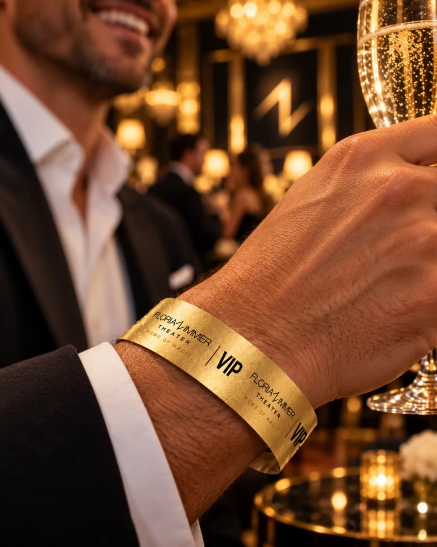 Goldenes VIP-Armband bei einem Glas Sekt